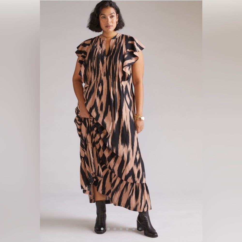 Anthropologie Beige and Black Printed Maxi Dress